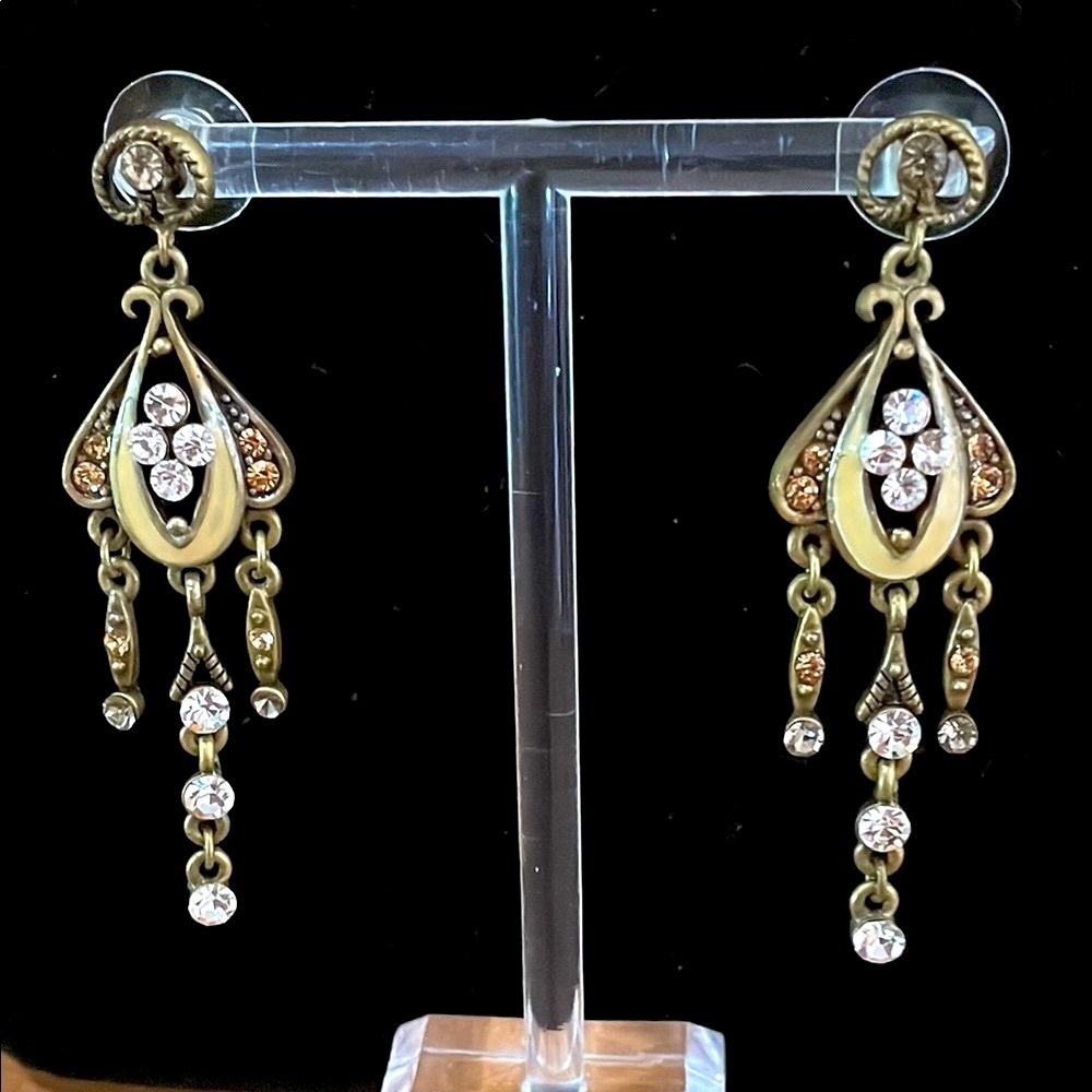 Chandelier cream color enamel clear & amber rhinestones set in antique brass